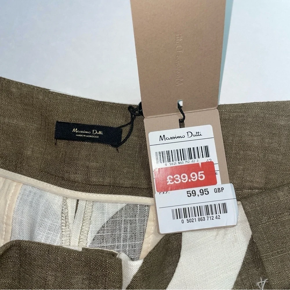 Massimo Dutti Bermuda Shorts Pleated Linen Brown Off White Palm Botanical NWT 10 - Picture 7 of 9